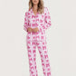Pink Bow Print Long Sleeve Button Up Pajama Set OMFORT