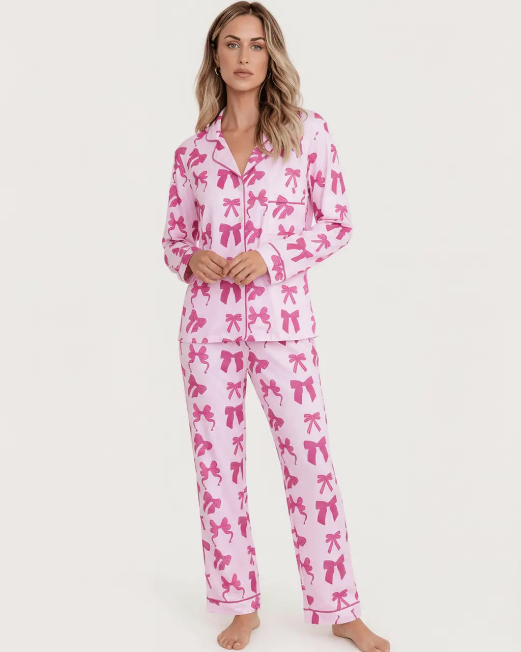 Pink Bow Print Long Sleeve Button Up Pajama Set OMFORT