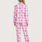 Pink Bow Print Long Sleeve Button Up Pajama Set OMFORT