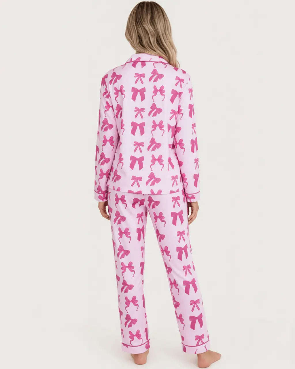 Pink Bow Print Long Sleeve Button Up Pajama Set OMFORT