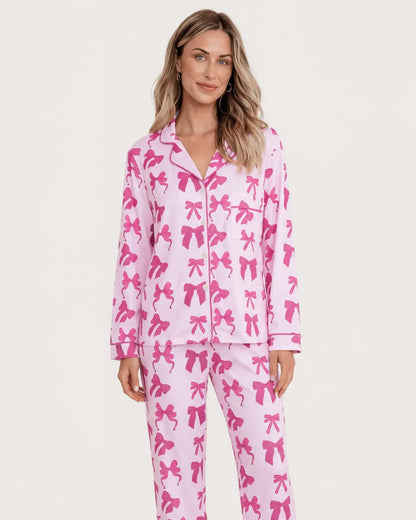 Pink Bow Print Long Sleeve Button Up Pajama Set OMFORT