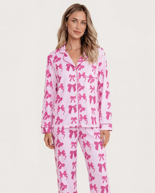 Pink Bow Print Long Sleeve Button Up Pajama Set OMFORT