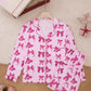 Pink Bow Print Long Sleeve Button Up Pajama Set OMFORT