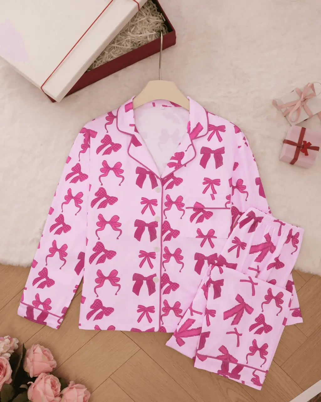Pink Bow Print Long Sleeve Button Up Pajama Set OMFORT