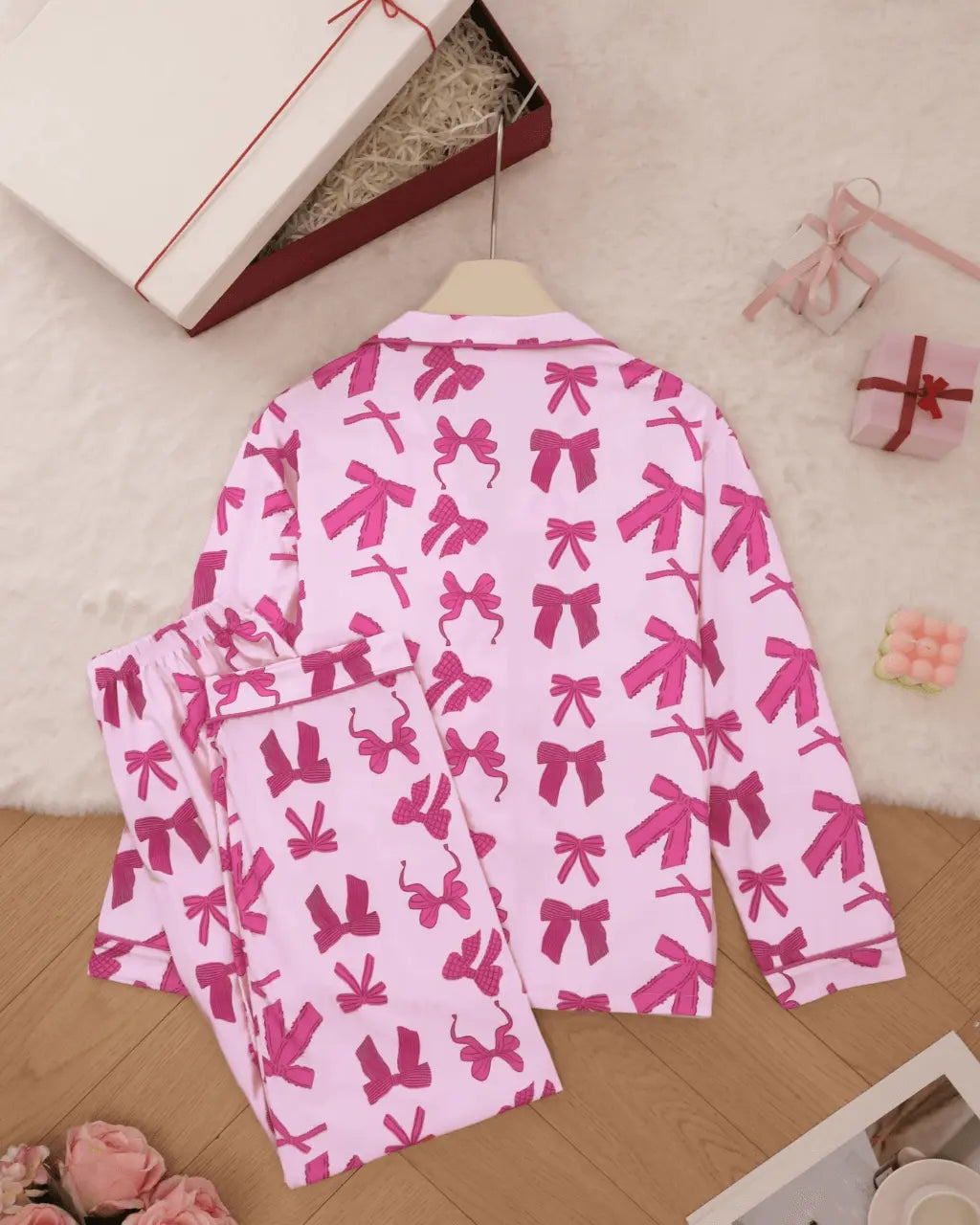 Pink Bow Print Long Sleeve Button Up Pajama Set OMFORT