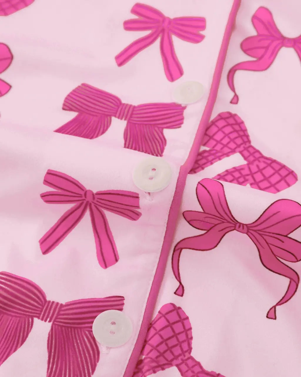 Pink Bow Print Long Sleeve Button Up Pajama Set OMFORT