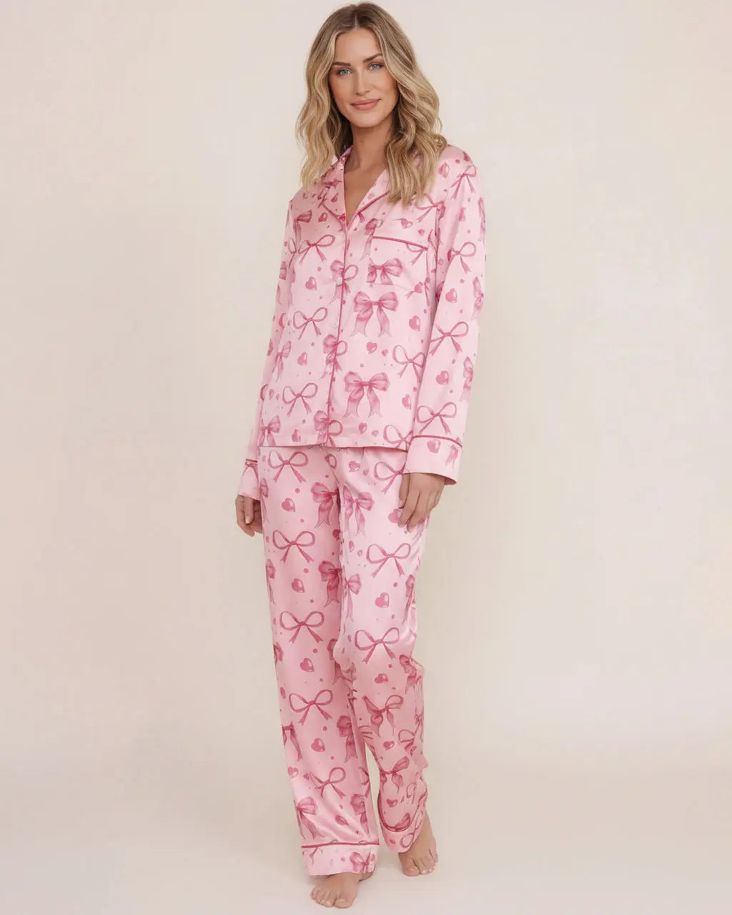 Bow Heart Print Long Pajama Set OMFORT