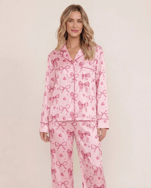 Bow Heart Print Long Pajama Set OMFORT