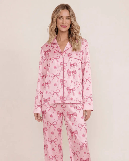 Bow Heart Print Long Pajama Set OMFORT