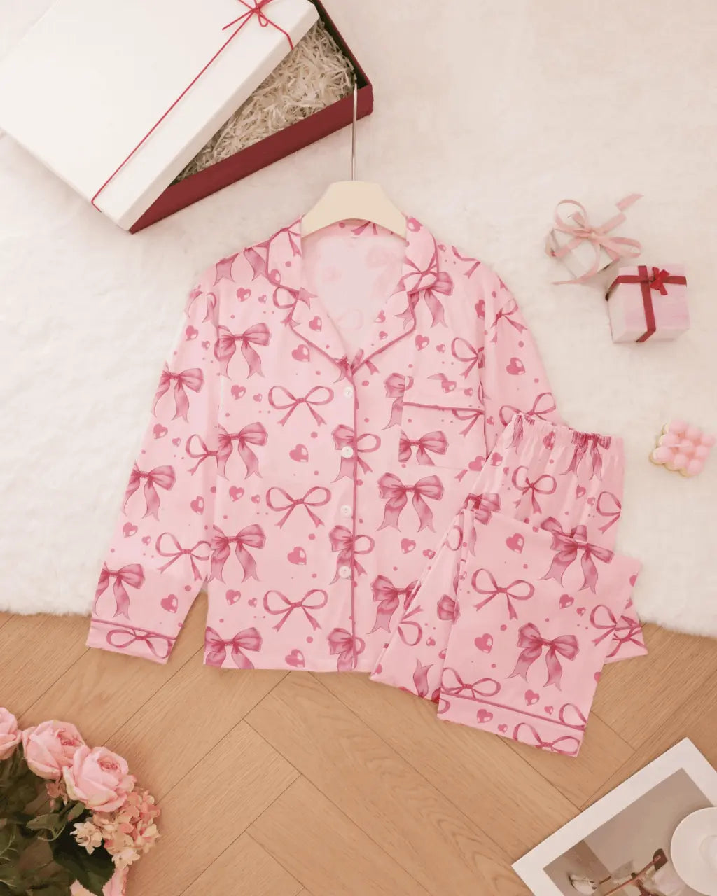 Bow Heart Print Long Pajama Set OMFORT
