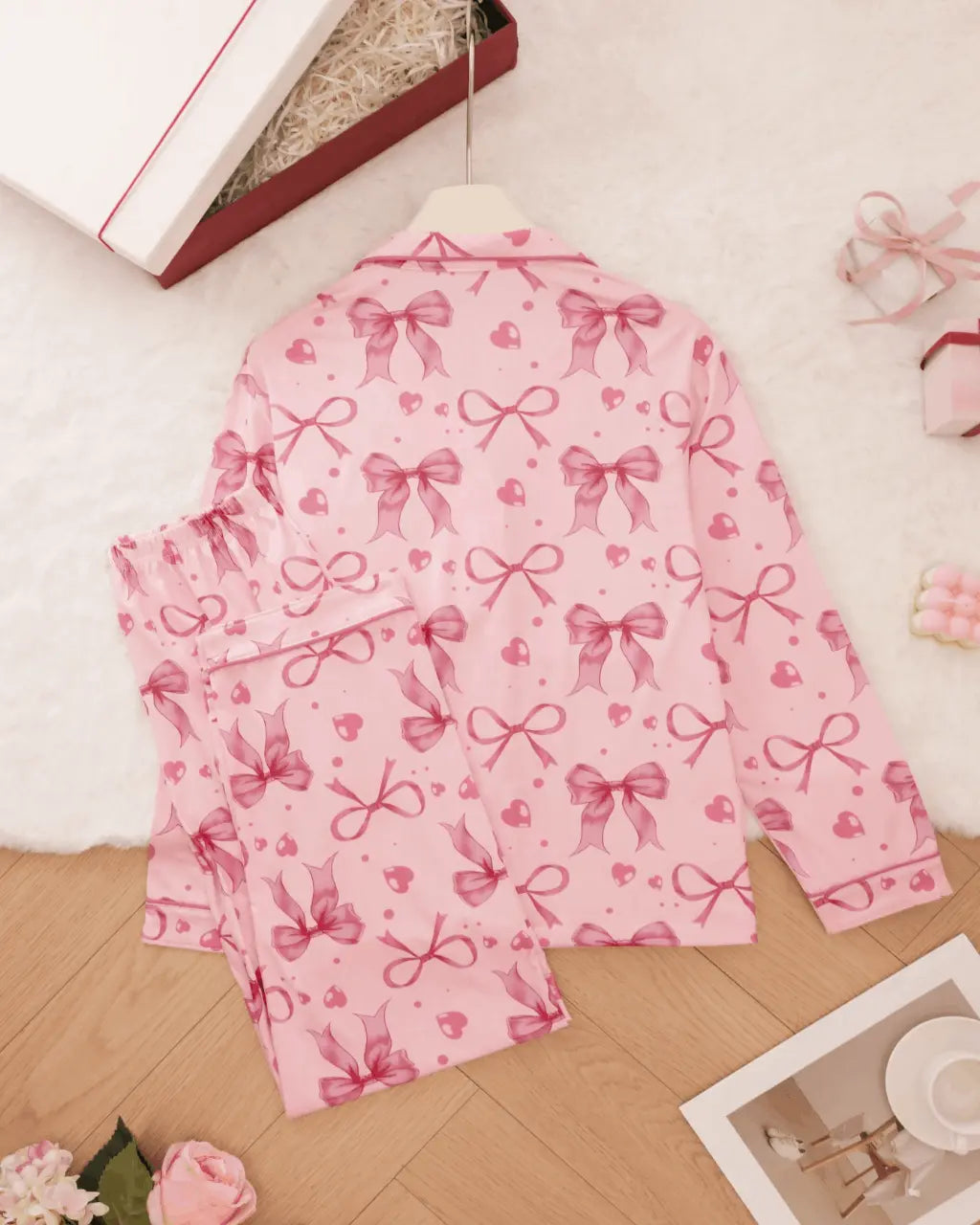 Bow Heart Print Long Pajama Set OMFORT