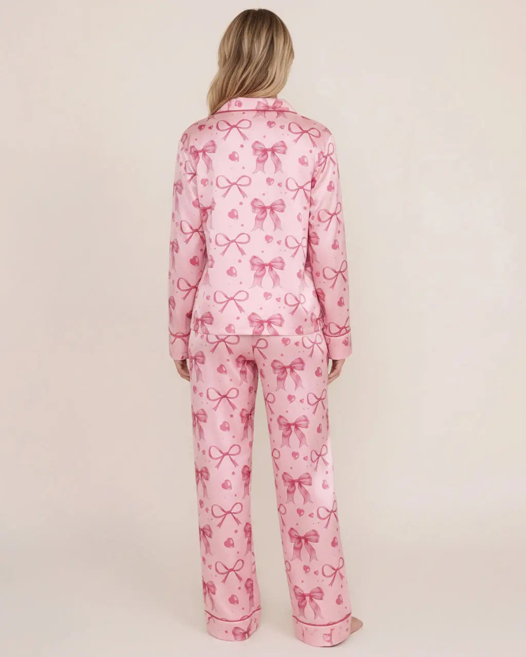 Bow Heart Print Long Pajama Set OMFORT
