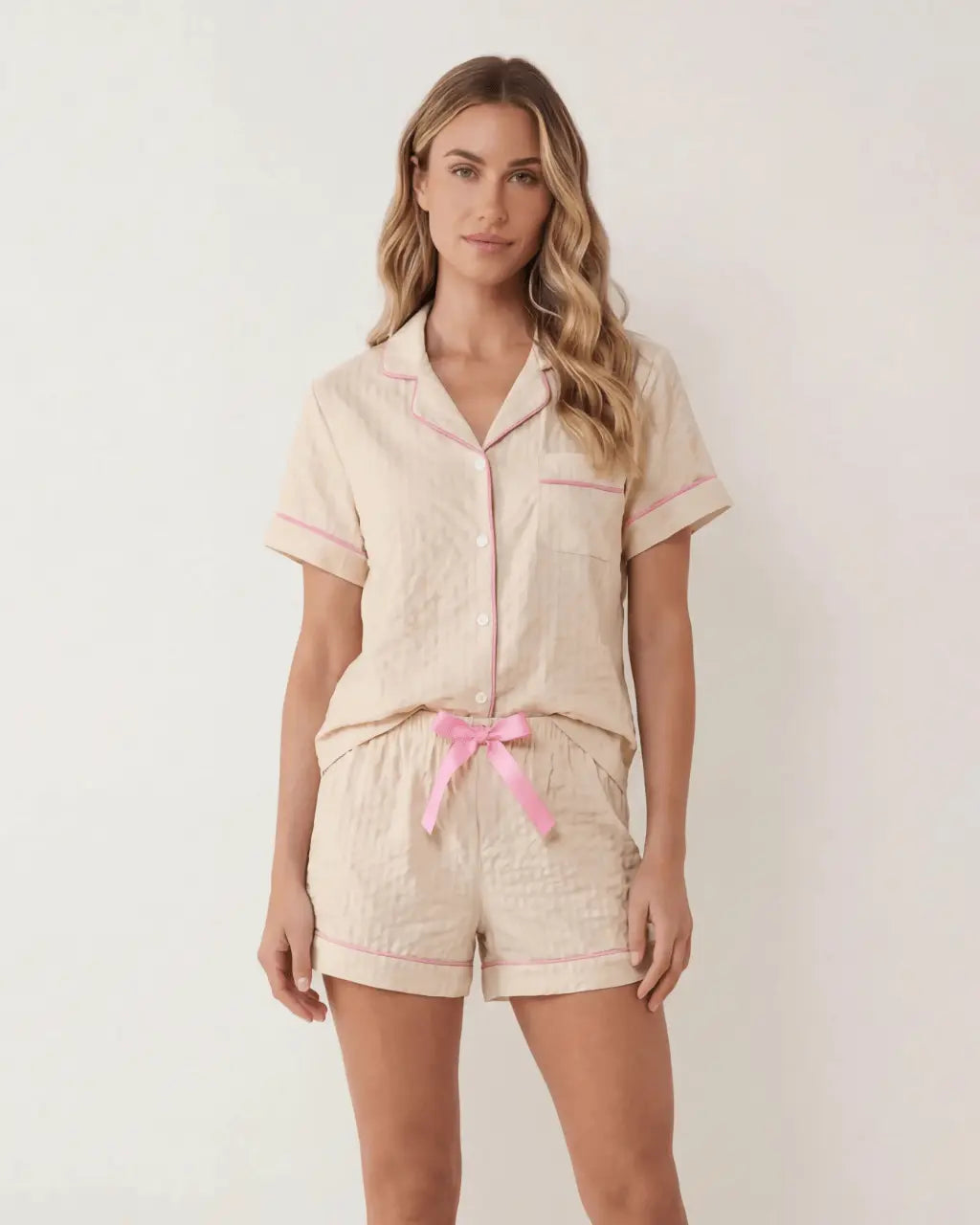 Solid Pink Trim Decorated Short Sleeve Pajama Set OMFORT