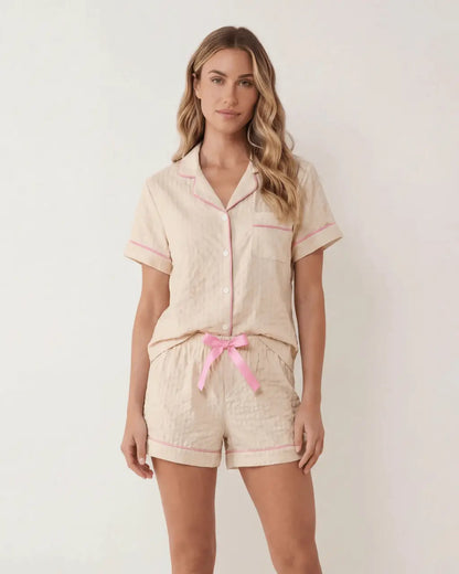 Solid Pink Trim Decorated Short Sleeve Pajama Set OMFORT