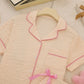 Solid Pink Trim Decorated Short Sleeve Pajama Set OMFORT