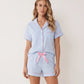 Solid Pink Trim Decorated Short Sleeve Pajama Set OMFORT