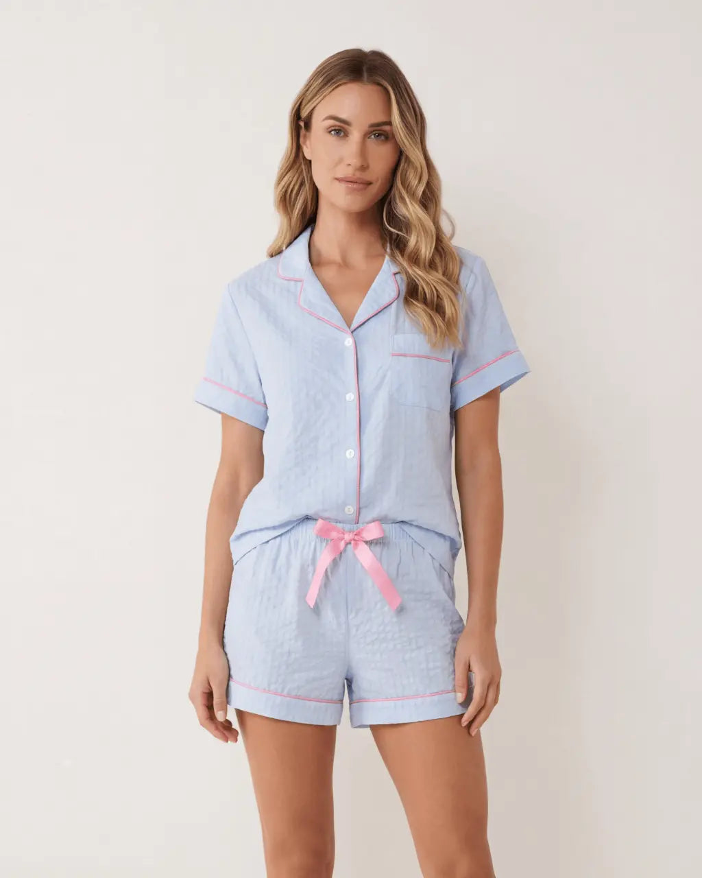 Solid Pink Trim Decorated Short Sleeve Pajama Set OMFORT