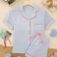 Solid Pink Trim Decorated Short Sleeve Pajama Set OMFORT