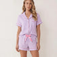 Solid Pink Trim Decorated Short Sleeve Pajama Set OMFORT