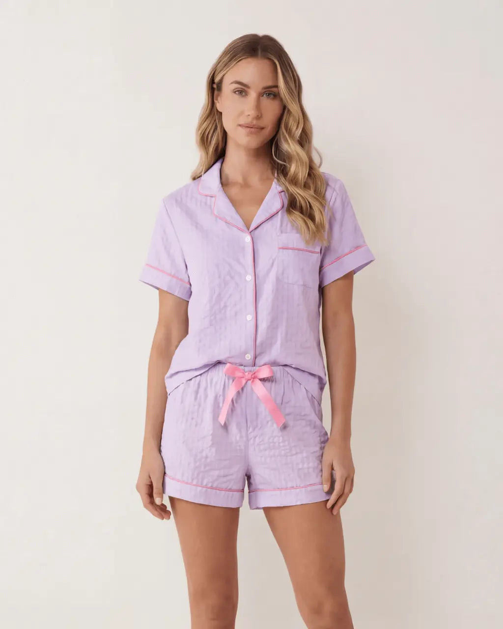 Solid Pink Trim Decorated Short Sleeve Pajama Set OMFORT