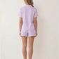 Solid Pink Trim Decorated Short Sleeve Pajama Set OMFORT