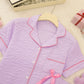 Solid Pink Trim Decorated Short Sleeve Pajama Set OMFORT