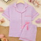 Solid Pink Trim Decorated Short Sleeve Pajama Set OMFORT