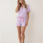 Solid Pink Trim Decorated Short Sleeve Pajama Set OMFORT