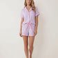 Solid Pink Trim Decorated Short Sleeve Pajama Set OMFORT