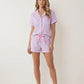 Solid Pink Trim Decorated Short Sleeve Pajama Set OMFORT