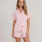 Solid Pink Trim Decorated Short Sleeve Pajama Set OMFORT