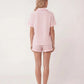 Solid Pink Trim Decorated Short Sleeve Pajama Set OMFORT