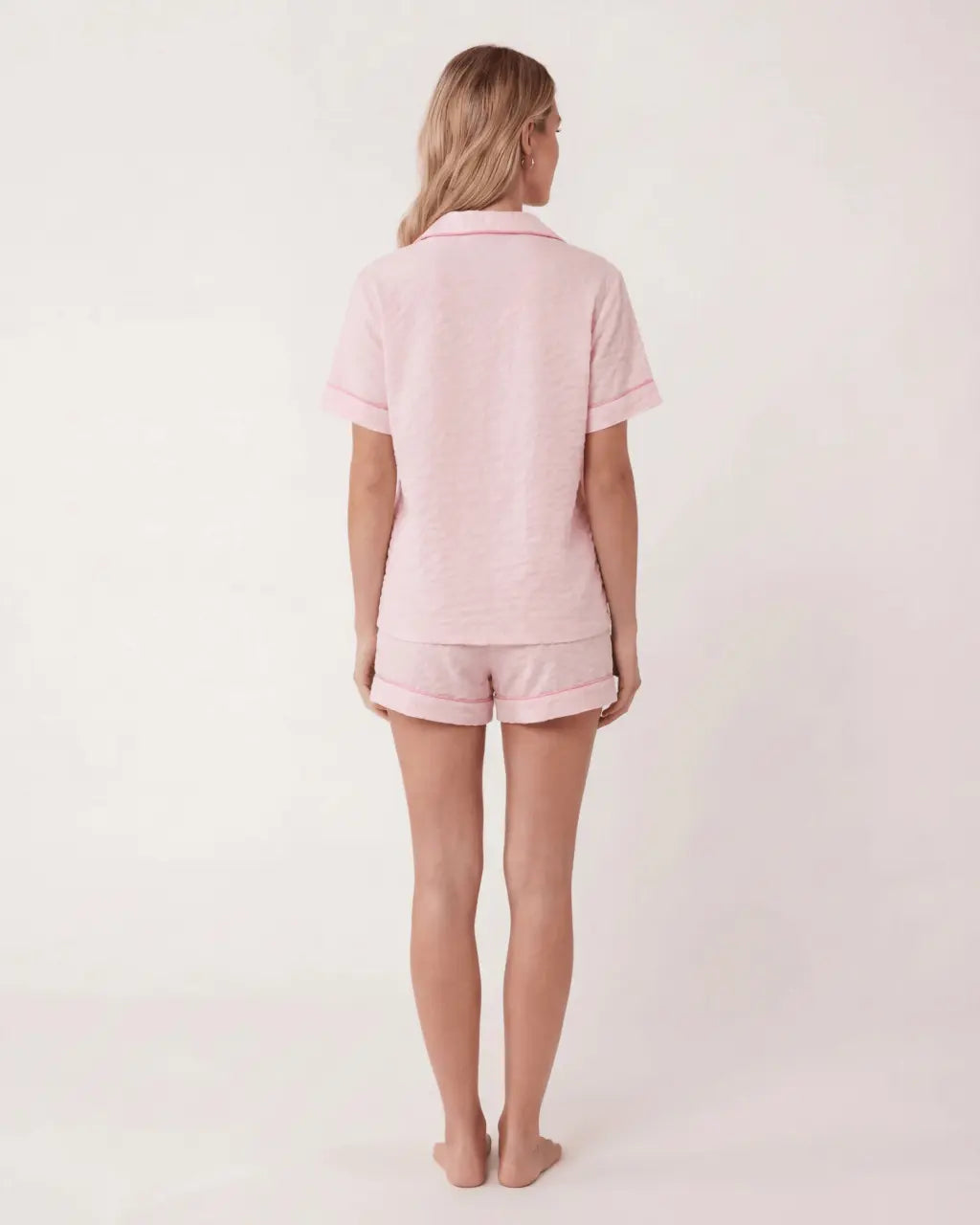 Solid Pink Trim Decorated Short Sleeve Pajama Set OMFORT