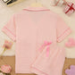 Solid Pink Trim Decorated Short Sleeve Pajama Set OMFORT