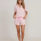 Solid Pink Trim Decorated Short Sleeve Pajama Set OMFORT