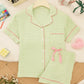 Solid Pink Trim Decorated Short Sleeve Pajama Set OMFORT