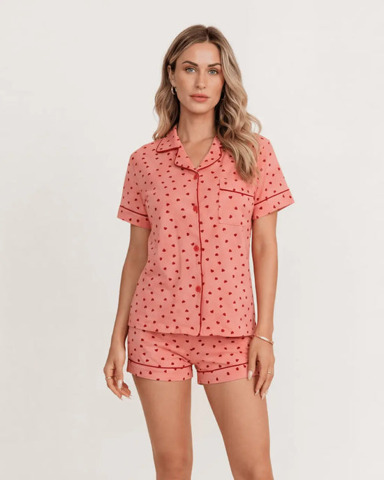 Valentine's Day Short Sleeve Heart Print Pajama Set OMFORT