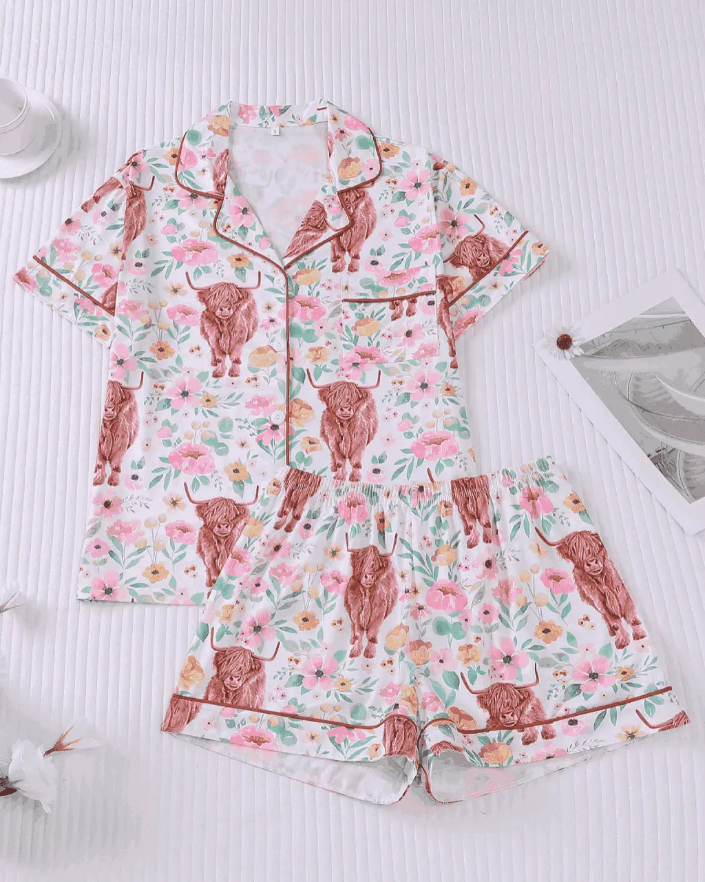 Cow Floral Print Short Pajama Set OMFORT