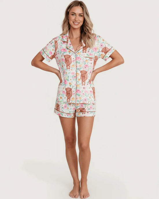 Cow Floral Print Short Pajama Set OMFORT
