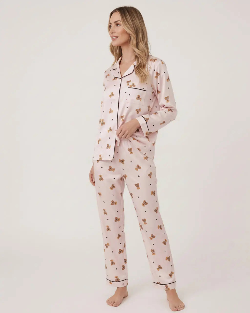 Teddy Bear Print Long Pajama Set OMFORT