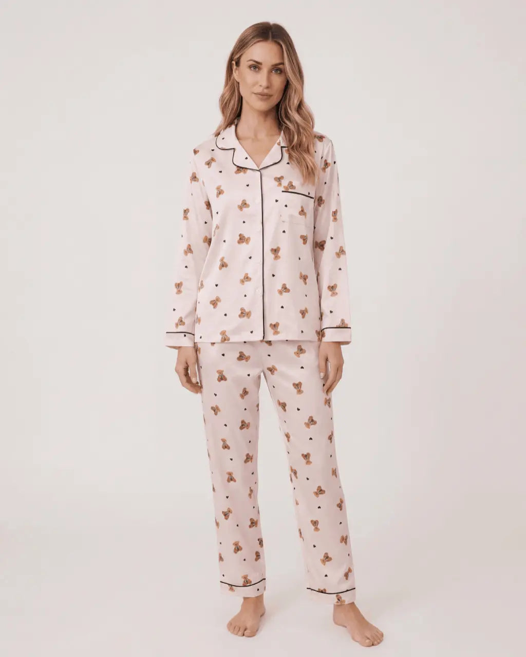 Teddy Bear Print Long Pajama Set OMFORT
