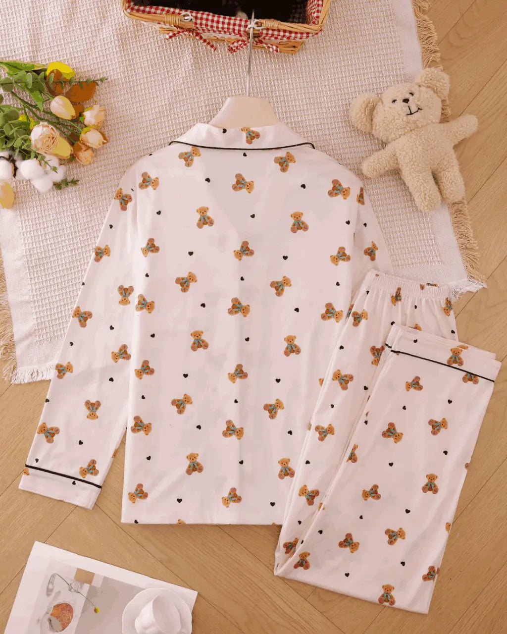 Teddy Bear Print Long Pajama Set OMFORT