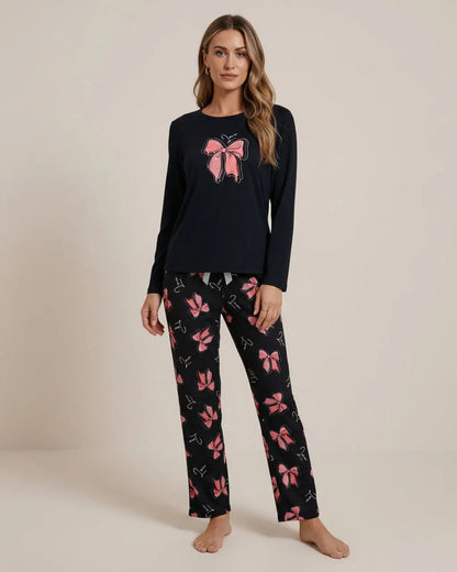 Bow Print Round Neck Lounge Set OMFORT