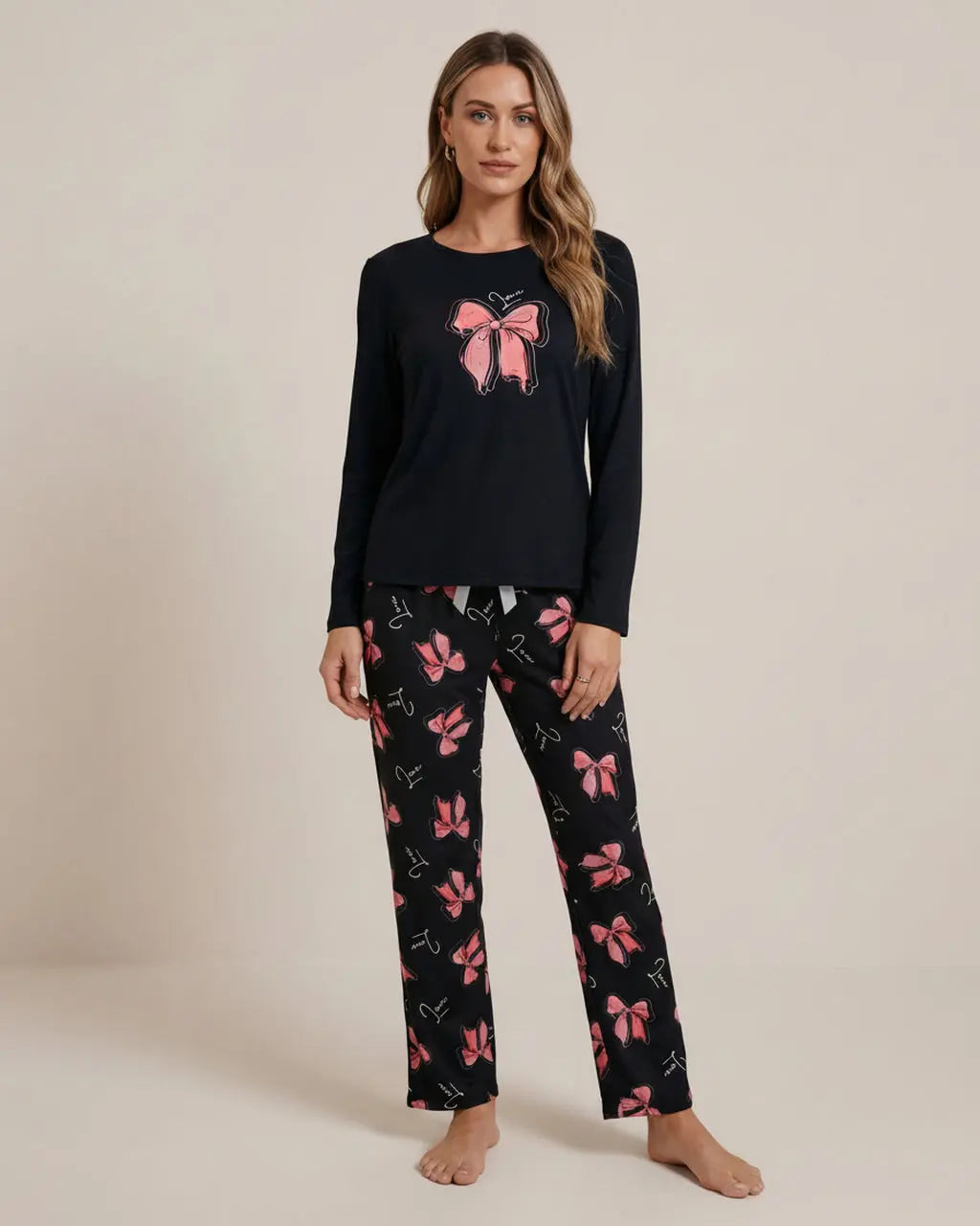 Bow Print Round Neck Lounge Set OMFORT