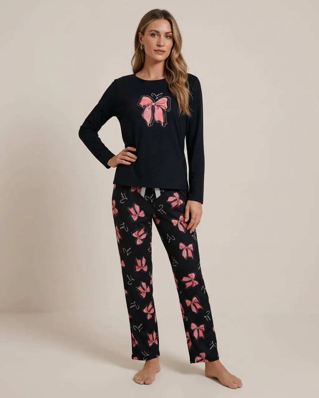 Bow Print Round Neck Lounge Set OMFORT