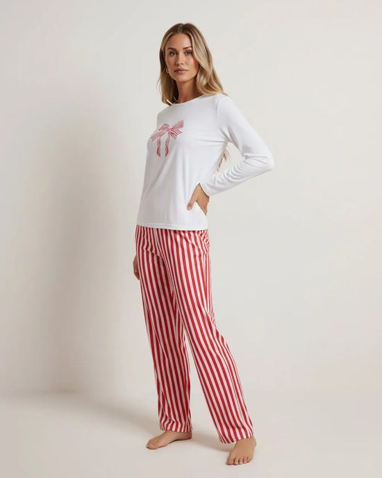 Bow Stripe Print Round Neck Lounge Set OMFORT