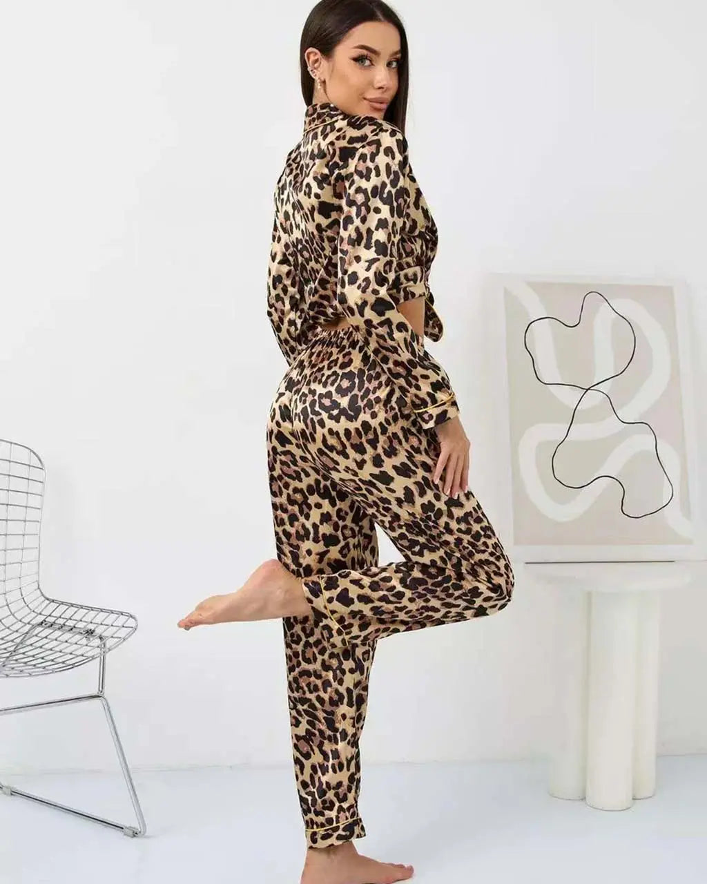 Mature Leopard Print Long Pajama Set OMFORT