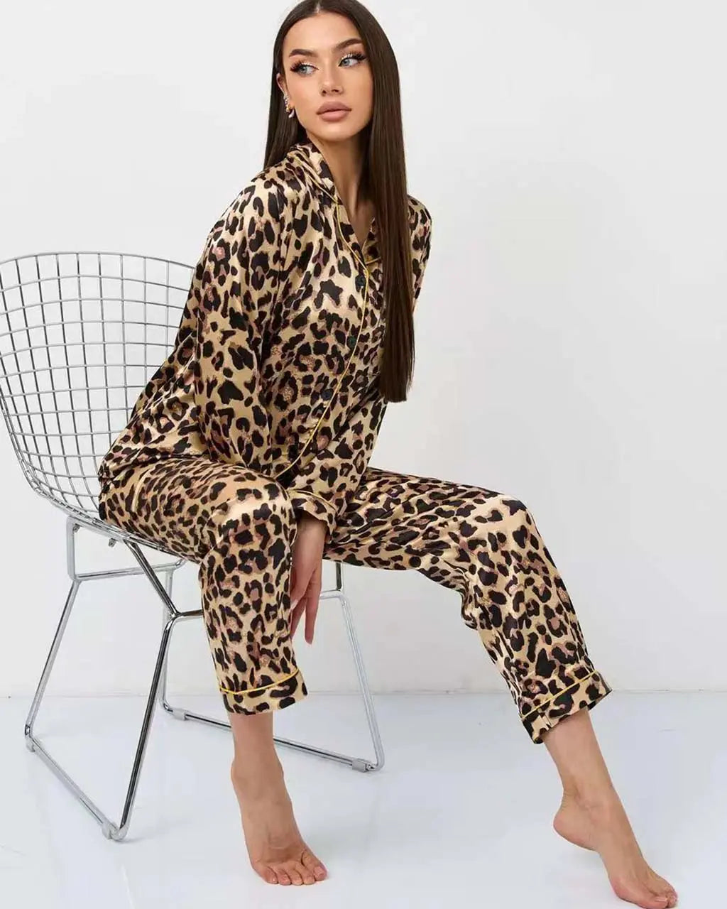 Mature Leopard Print Long Pajama Set OMFORT