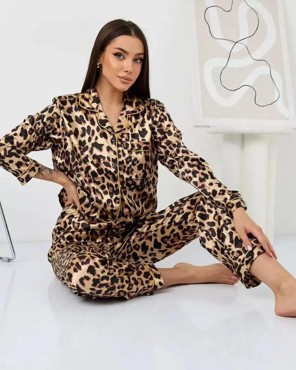 Mature Leopard Print Long Pajama Set OMFORT