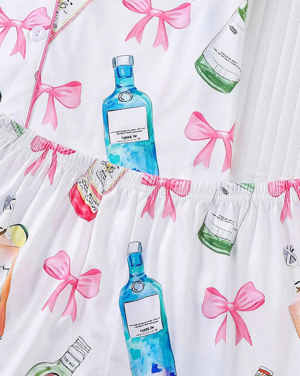 Champagne Bow Print Button-Up Pajama Set - OMFORT